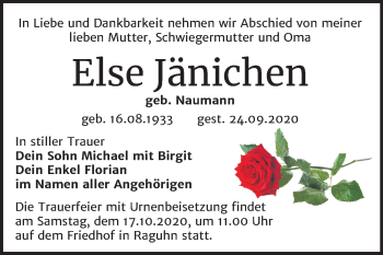 Traueranzeige von Else Jänichen von Mitteldeutsche Zeitung Bitterfeld