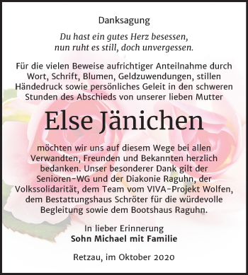 Traueranzeige von Else Jänichen von Wochenspiegel Bitterfeld