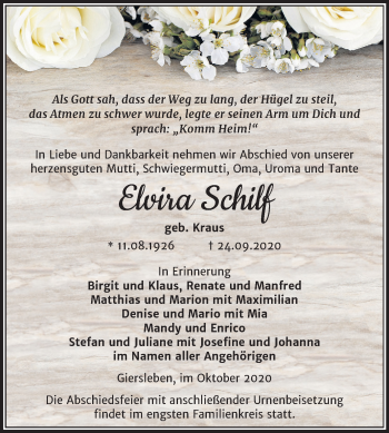 Traueranzeige von Elvira Schilf von Super Sonntag Aschersleben