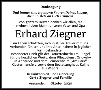 Traueranzeige von Erhard Ziegner von Super Sonntag Mansfelder Land