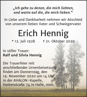 Traueranzeige von Erich Hennig von Mitteldeutsche Zeitung Halle/Saalkreis