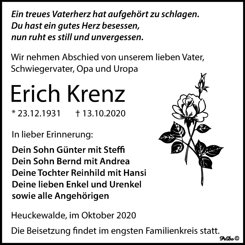 Traueranzeigen von Erich Krenz www.abschiednehmen.de