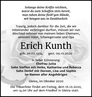Traueranzeige von Erich Kunth von Mitteldeutsche Zeitung Naumburg/Nebra
