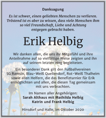 Traueranzeige von Erik Helbig von Mitteldeutsche Zeitung Bitterfeld