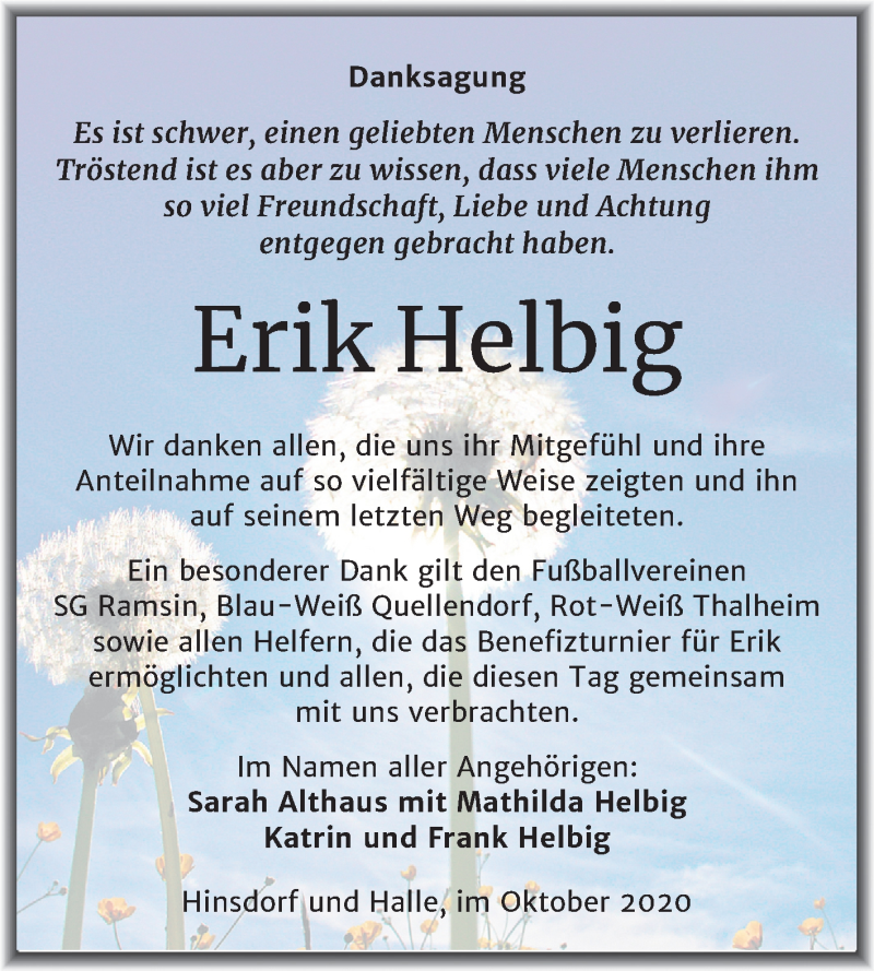  Traueranzeige für Erik Helbig vom 24.10.2020 aus Super Sonntag Köthen