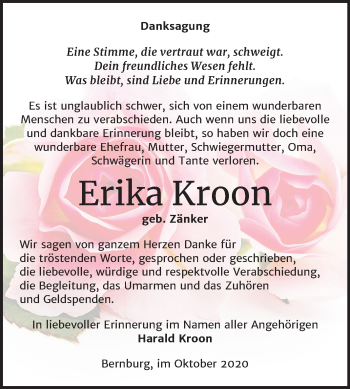 Traueranzeige von Erika Kroon von Super Sonntag Bernburg