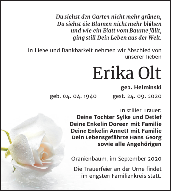 Traueranzeige von Erika Olt von Mitteldeutsche Zeitung Dessau-Roßlau
