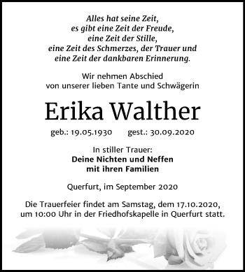 Traueranzeige von Erika Walther von Super Sonntag Merseburg/Querfurt