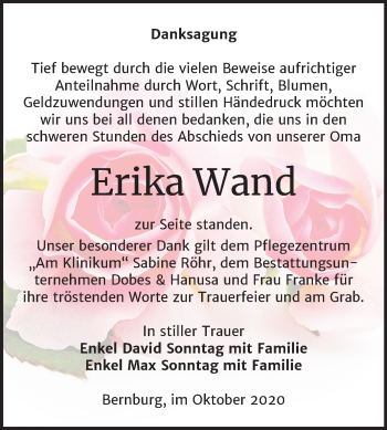 Traueranzeige von Erika Wand von Mitteldeutsche Zeitung Bernburg