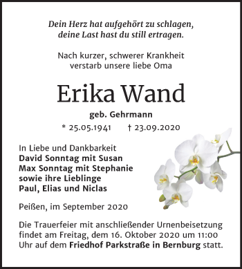 Traueranzeige von Erika Wand von Mitteldeutsche Zeitung Bernburg