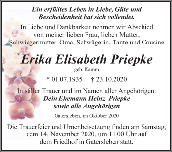 Traueranzeige von Erika Elisabeth Priepke von Super Sonntag Aschersleben / Quedlinburg