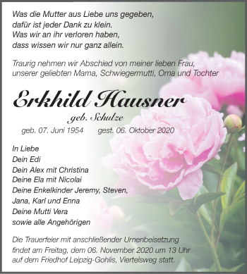 Traueranzeige von Erkhild Hausner von Super Sonntag Wittenberg