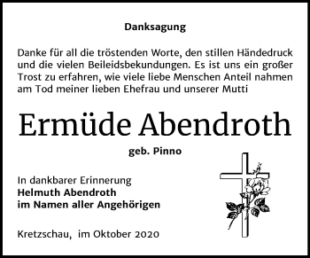 Traueranzeige von Ermüde Abendroth von Mitteldeutsche Zeitung Zeitz