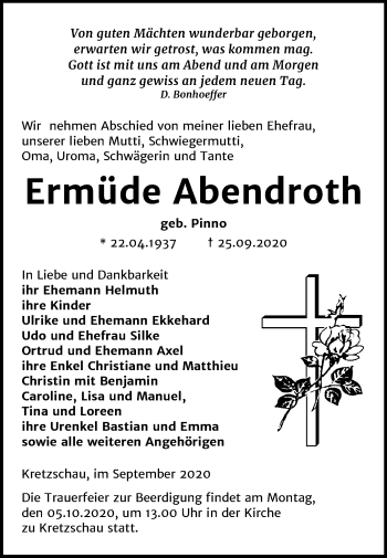 Traueranzeige von Ermüde Abendroth von Super Sonntag Zeitz