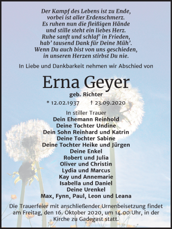 Traueranzeige von Erna Geyer von Super Sonntag Wittenberg