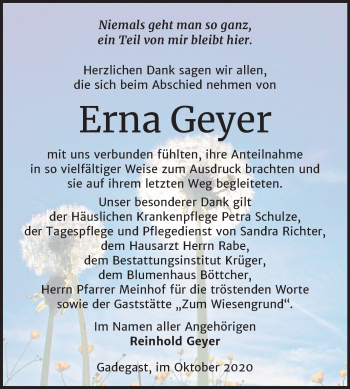 Traueranzeige von Erna Geyer von Mitteldeutsche Zeitung Wittenberg