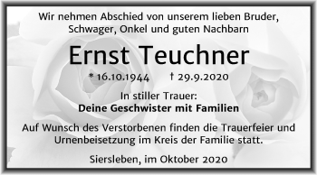 Traueranzeige von Ernst Teuchner von Super Sonntag Mansfelder Land