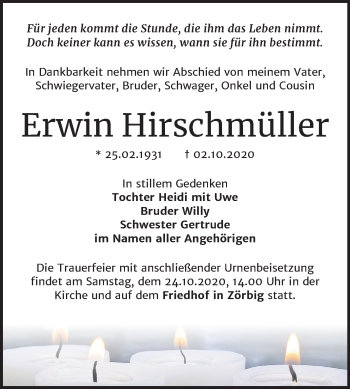 Traueranzeige von Erwin Hirschmüller von Wochenspiegel Bitterfeld