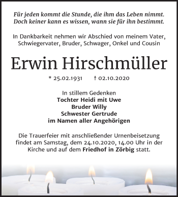 Traueranzeige von Erwin Hirschmüller von Mitteldeutsche Zeitung Bitterfeld