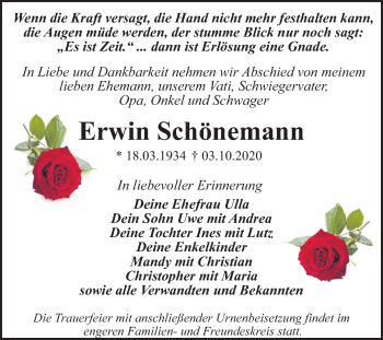 Traueranzeige von Erwin Schönemann von Mitteldeutsche Zeitung Dessau-Roßlau