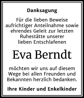 Traueranzeige von Eva Berndt von Super Sonntag Dessau-Roßlau