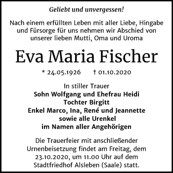 Traueranzeige von Eva Maria Fischer von Super Sonntag Bernburg