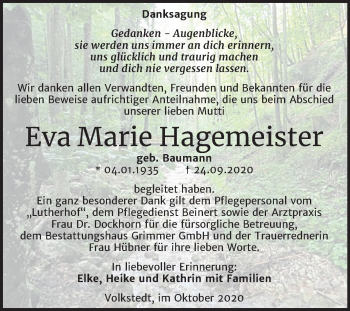 Traueranzeige von Eva Marie Hagemeister von Wochenspiegel Mansfelder Land