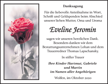 Traueranzeige von Eveline Jeromin von Mitteldeutsche Zeitung Bitterfeld