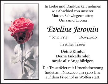 Traueranzeige von Eveline Jeromin von Mitteldeutsche Zeitung Bitterfeld
