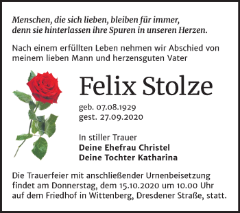 Traueranzeige von Felix Stolze von Super Sonntag Wittenberg