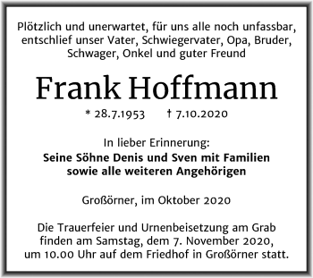 Traueranzeige von Frank Hoffmann von Mitteldeutsche Zeitung Mansfelder Land