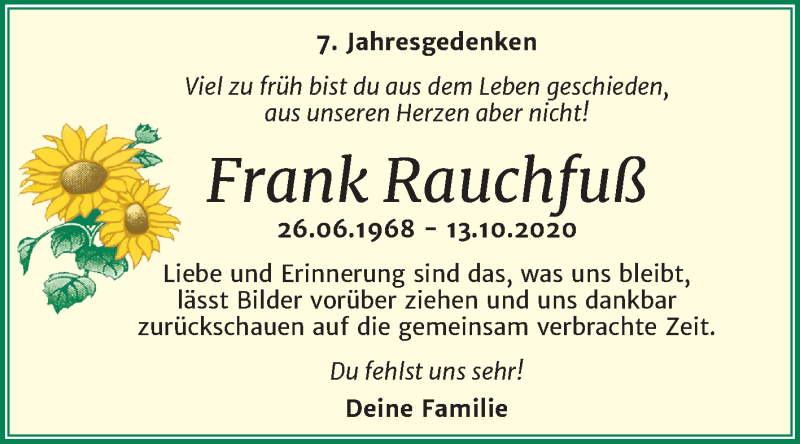  Traueranzeige für Frank Rauchfuß vom 10.10.2020 aus Super Sonntag Merseburg/Querfurt