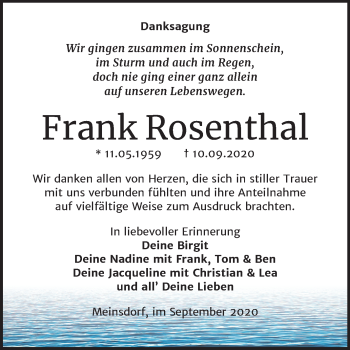 Traueranzeige von Frank Rosenthal von Mitteldeutsche Zeitung Dessau-Roßlau