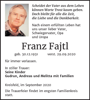 Traueranzeige von Franz Fajtl von Wochenspiegel Mansfelder Land