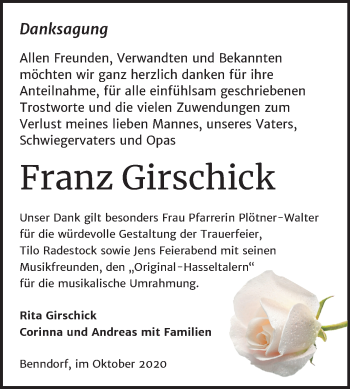 Traueranzeige von Franz Girschick von Wochenspiegel Naumburg/Nebra