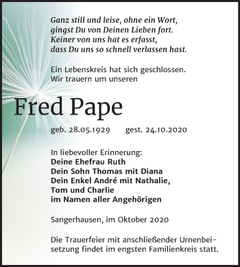 Traueranzeige von Fred Pape von Mitteldeutsche Zeitung Sangerhausen