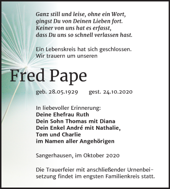 Traueranzeige von Fred Pape von Super Sonntag Sangerhausen