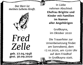 Traueranzeige von Fred Zelle von Mitteldeutsche Zeitung Merseburg/Querfurt
