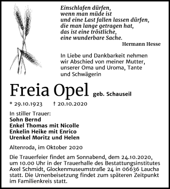 Traueranzeige von Freia Opel von Mitteldeutsche Zeitung Naumburg/Nebra