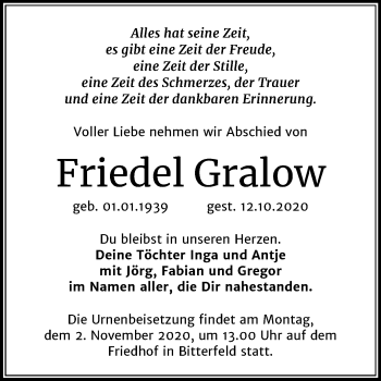 Traueranzeige von Friedel Gralow von Wochenspiegel Bitterfeld