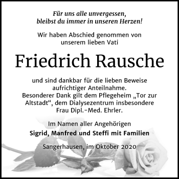 Traueranzeige von Friedrich Rausche von Mitteldeutsche Zeitung Sangerhausen