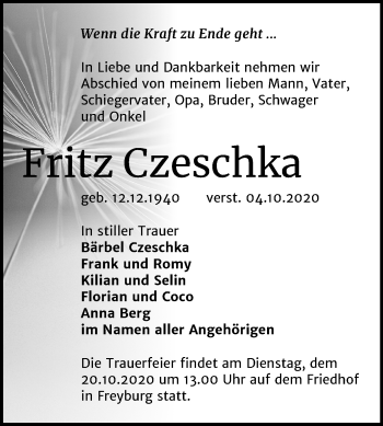 Traueranzeige von Fritz Czeschka von Mitteldeutsche Zeitung Naumburg/Nebra