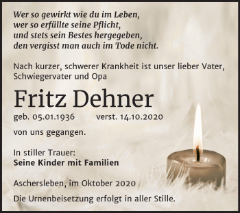 Traueranzeige von Fritz Dehner von Mitteldeutsche Zeitung Aschersleben