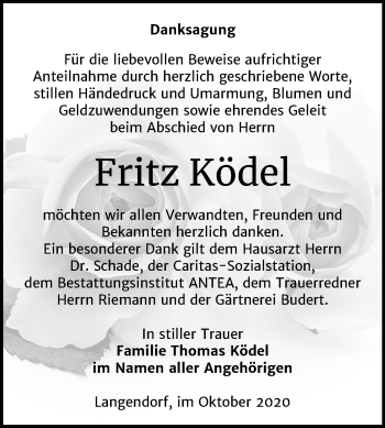 Traueranzeige von Fritz Ködel von Wochenspiegel Weißenfels