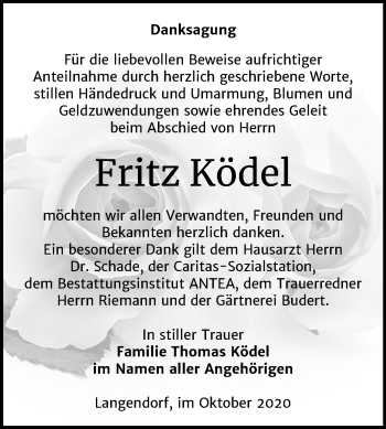 Traueranzeige von Fritz Ködel von Mitteldeutsche Zeitung Weißenfels
