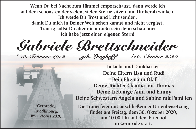  Traueranzeige für Gabriele Brettschneider vom 17.10.2020 aus Mitteldeutsche Zeitung Quedlinburg
