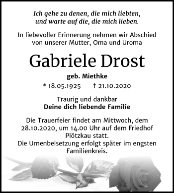 Traueranzeige von Gabriele Drost von Super Sonntag Bernburg