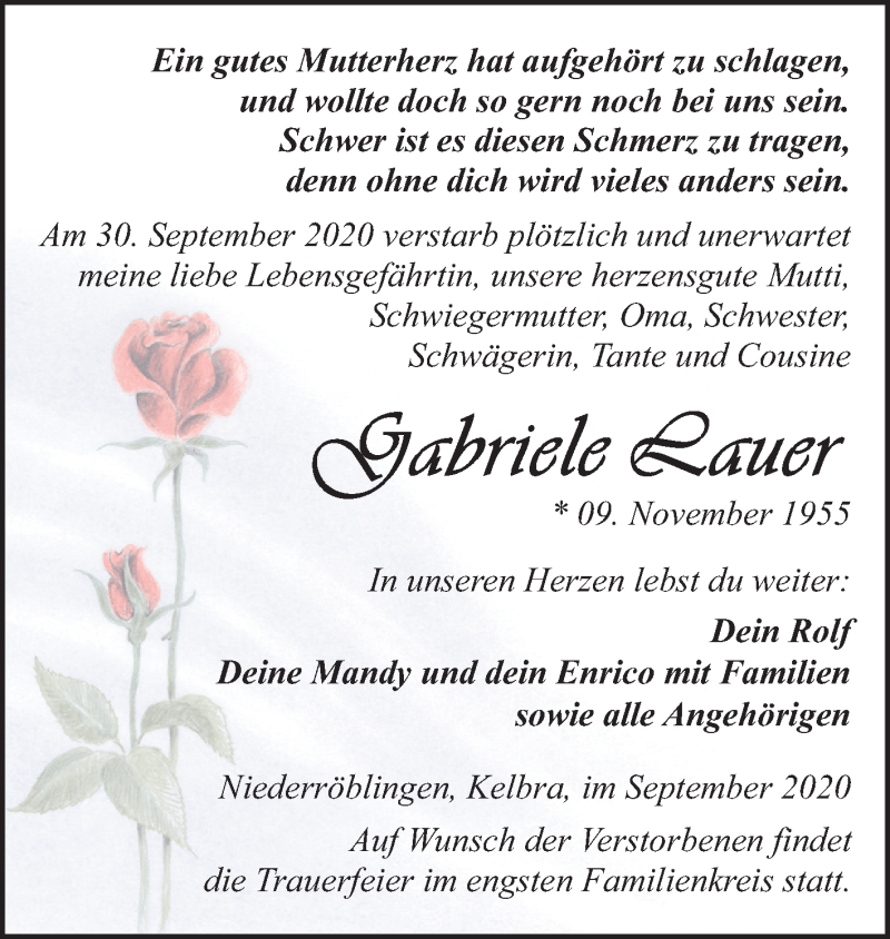 Traueranzeige für Gabriele Lauer vom 10.10.2020 aus Mitteldeutsche Zeitung Sangerhausen