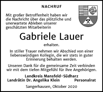 Traueranzeige von Gabriele Lauer von Mitteldeutsche Zeitung Mansfelder Land / Sangerhausen