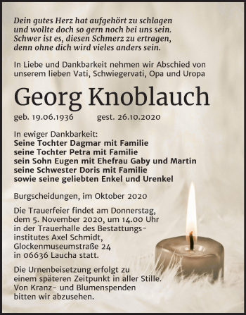 Traueranzeige von Georg Knoblauch von Mitteldeutsche Zeitung Naumburg/Nebra